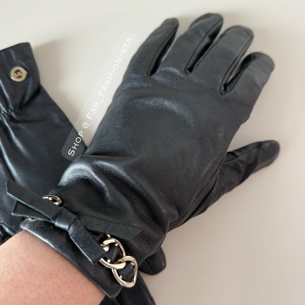 Michael Kors Black Leather Gloves with Chain Accent